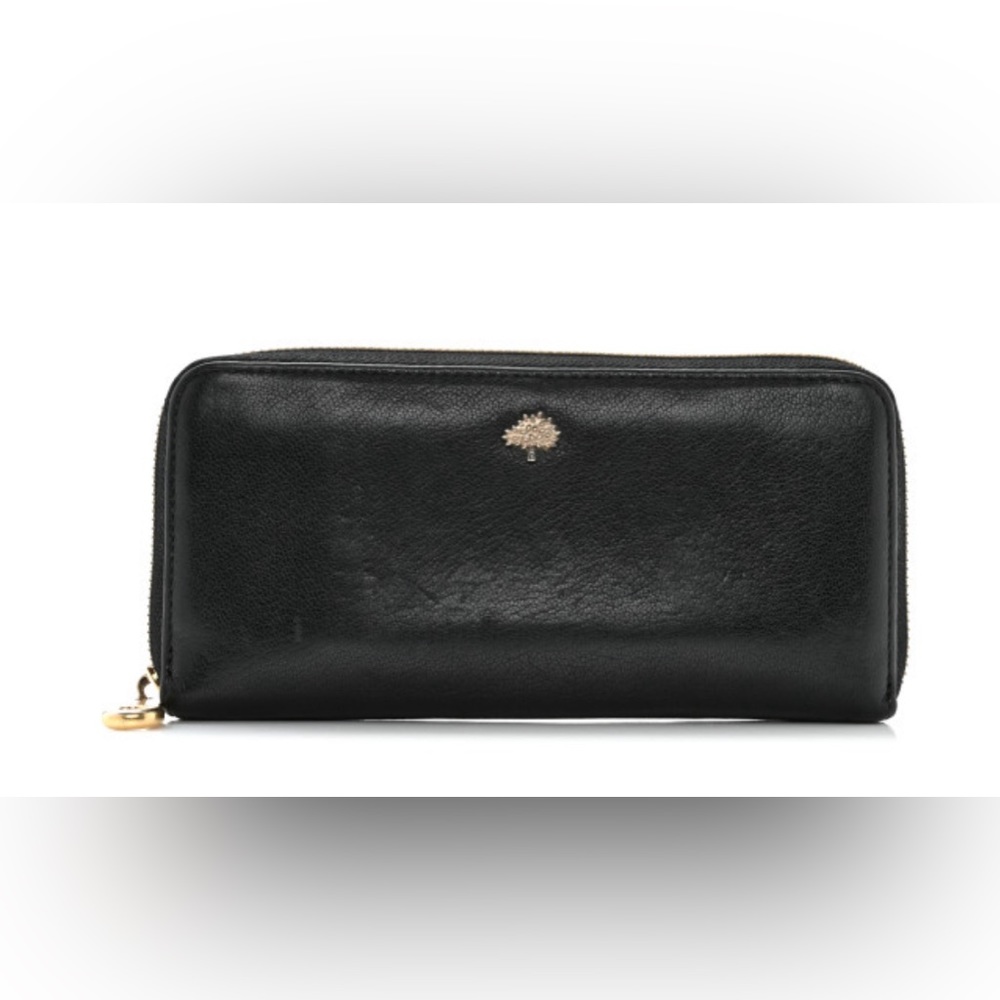 Mulberry Tree Logo Black Soft Shiny Goatskin Zip Around Wallet